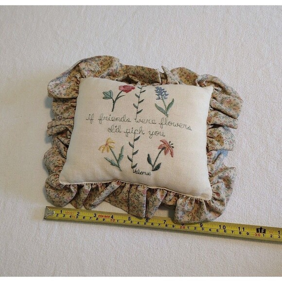 Vtg 90s Embroidered Ruffle FRIENDS Throw Pillow Cream Cottagecore Flowers Floral - Picture 3 of 5